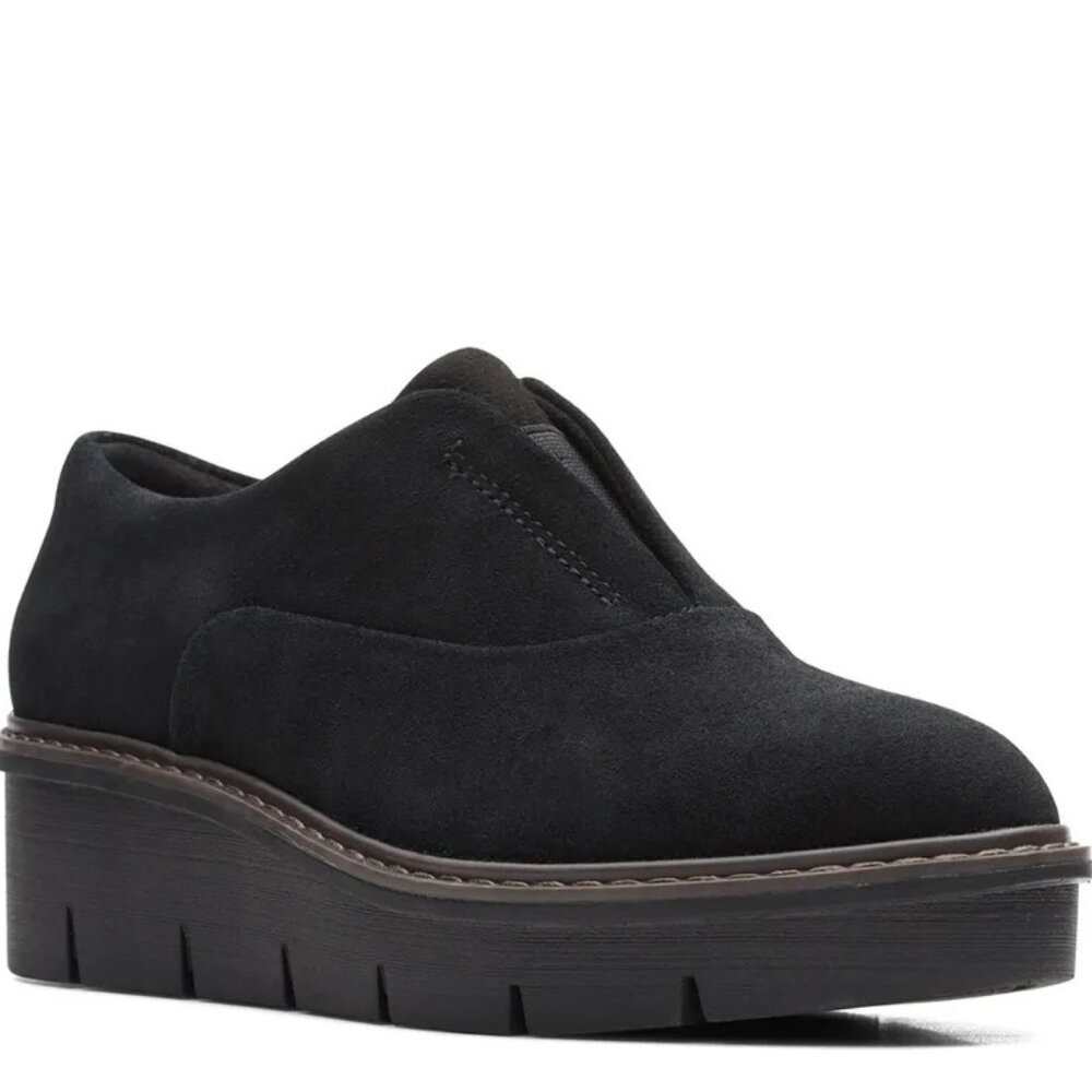 Clarks Women's Airabell Sky Casual Comfy Cushioned Wedges Black Shoes 8.5